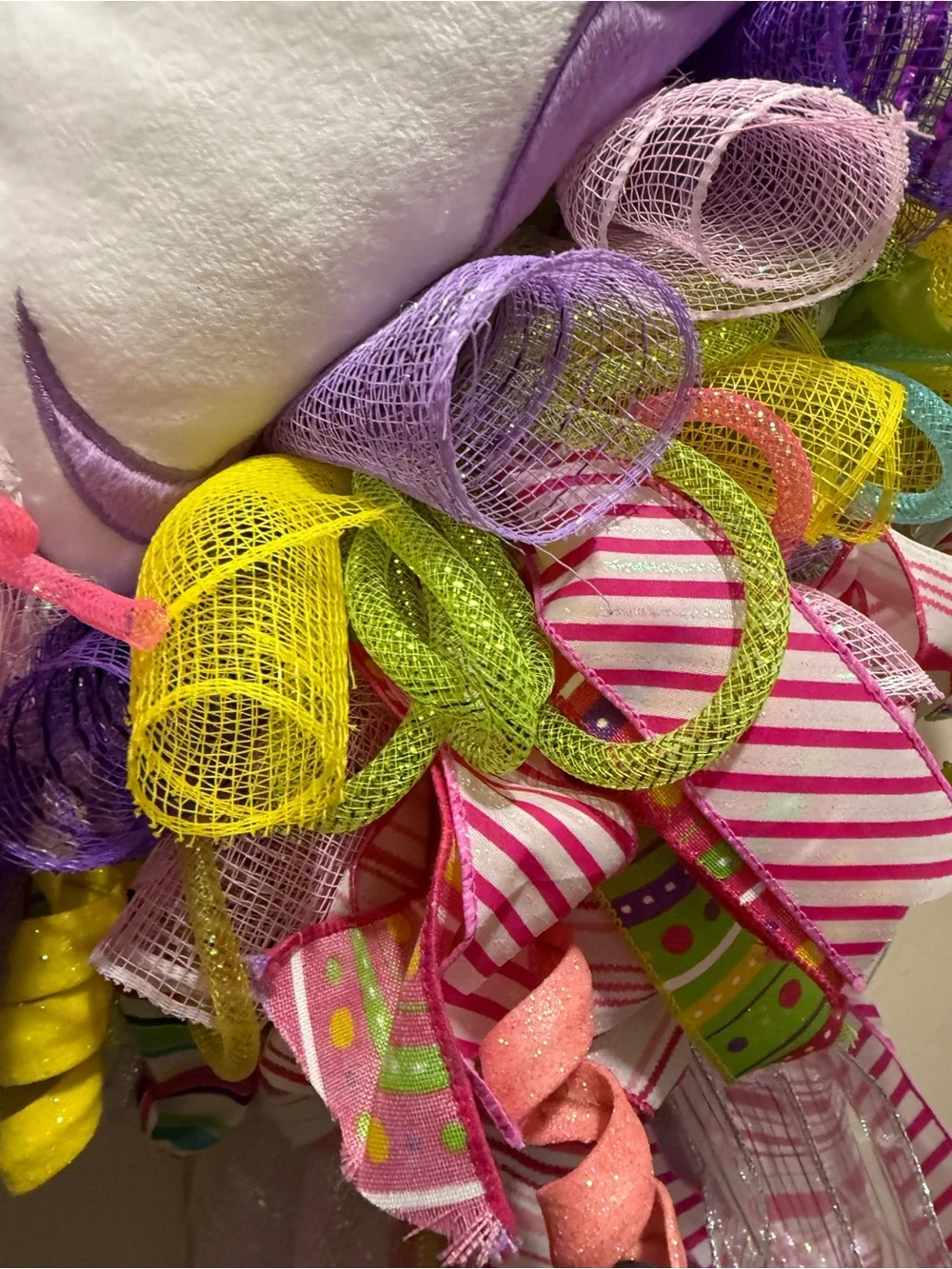 Handmade Unicorn Plush Deco Wreath - Colorful Ribbon Party Decor